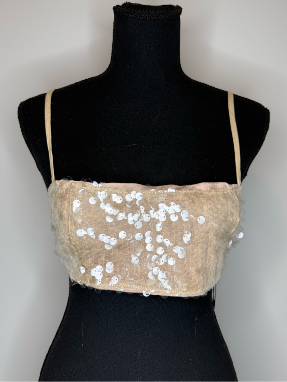 PrettyLittleThing Beige Sequin Spaghetti Strap Crop Top